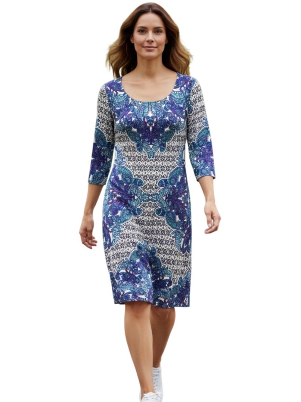 London Times Blue and Teal Floral Scoop Neck Midi Dress
